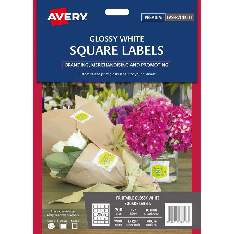 Avery Square Glossy Labels 10 Sheets 20up White L7124 - Nail Gallerys