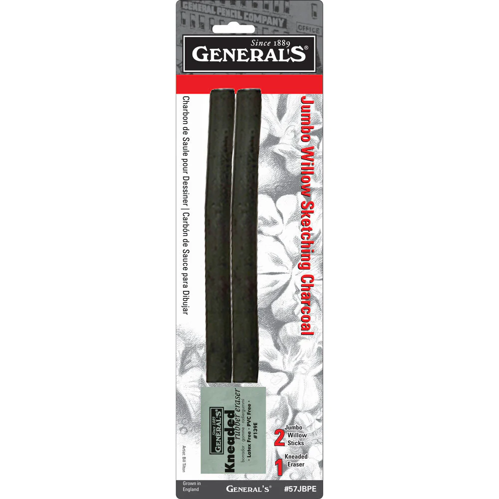 General's Jumbo Willow Sketch Charcoal With Kneadable Rubber & 2 Sticks - Nail Gallerys
