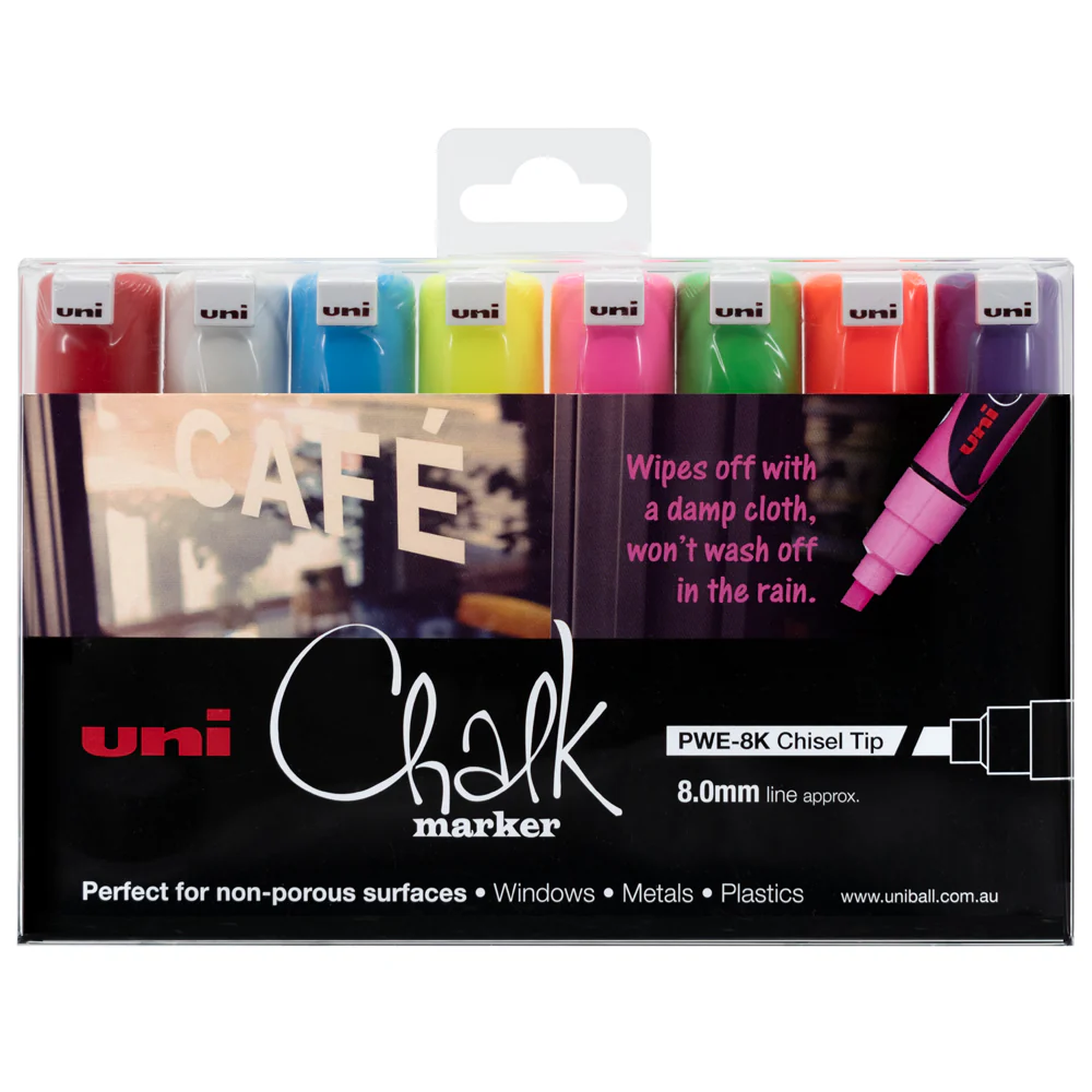 Uni 8.0mm Chisel Tips Assorted Chalk Markers Set of 8 - Nail Gallerys
