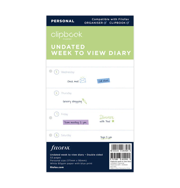 Filofax Clipbook Personal Week to View Refill - Nail Gallerys