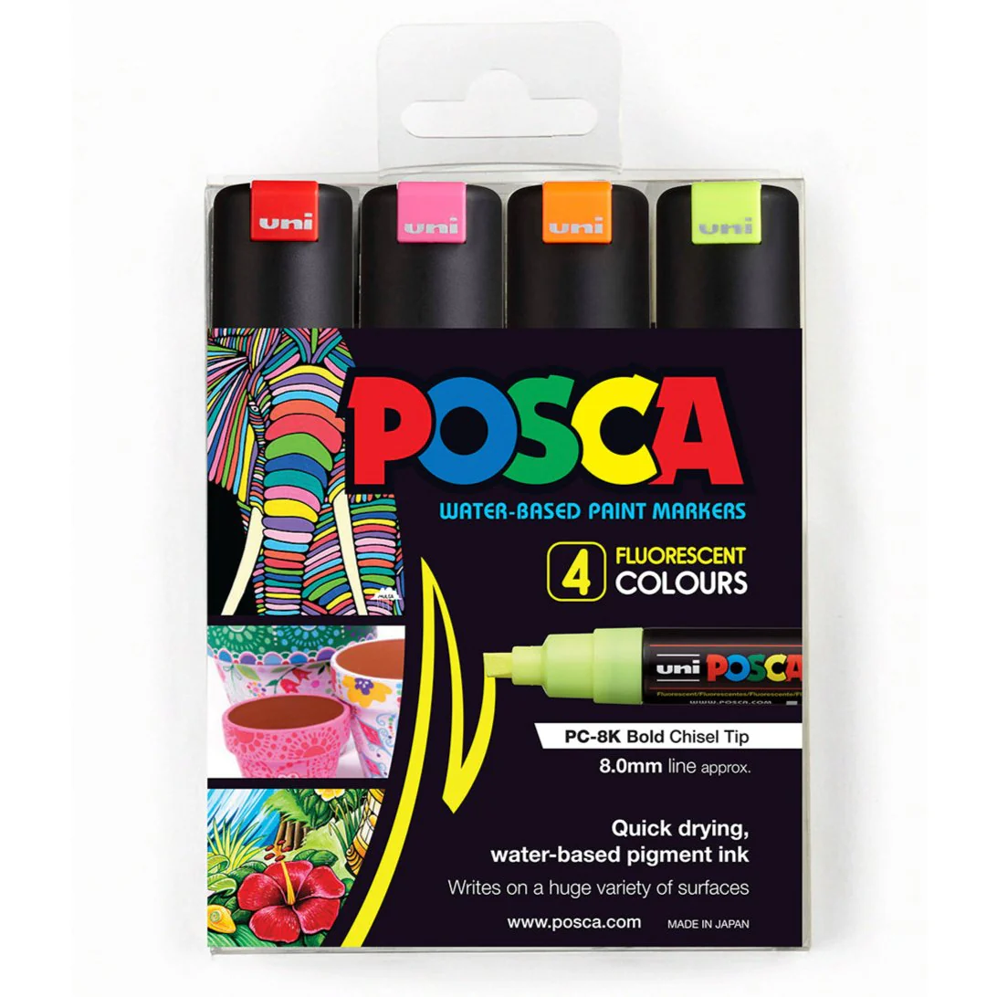 Uni Posca PC-8K 8.0mm Bold Chisel Tip Fluoro Markers Set of 4 - Nail Gallerys