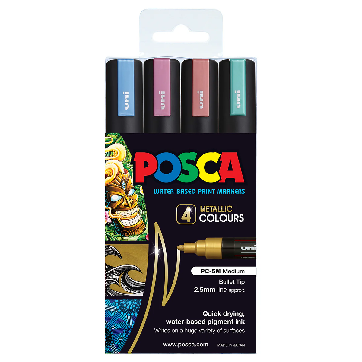 Uni Posca PC-5M 1.8-2.5mm Medium Bullet Tip Metallic Markers Set Of 4 - Nail Gallerys
