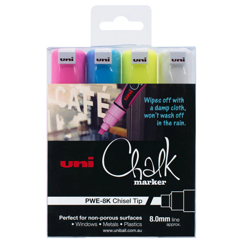 Uni 8.0mm Chisel Tips Chalk Markers Set of 4 - Nail Gallerys