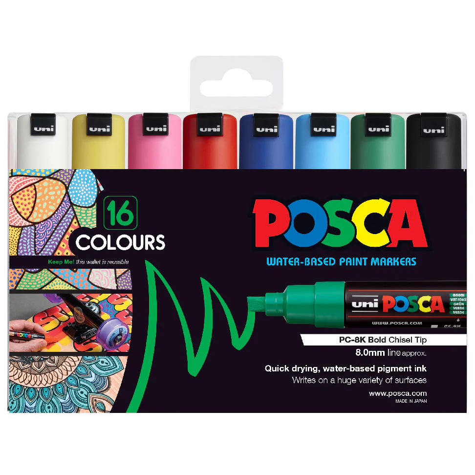 Uni Posca PC-8K 8.0mm Bold Chisel Assorted Markers Set Of 16 - Nail Gallerys