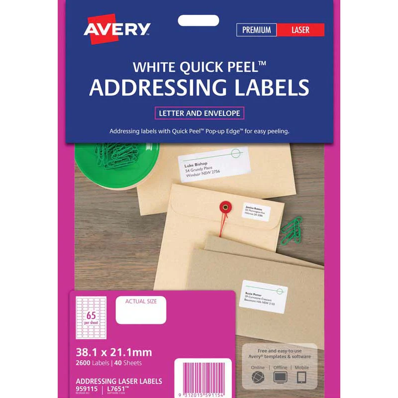 Avery Address Labels L7651 White 65up 40 Sheets Laser 38.1x21.2mm Quick Peel Pop Up - Nail Gallerys
