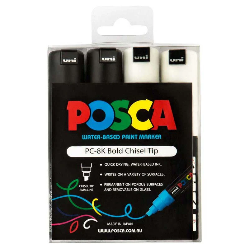 Uni Posca PC-8K 8.0mm Bold Chisel Black & White Markers Set of 4 - Nail Gallerys