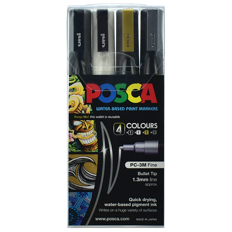 Uni Posca PC-3M 0.9-1.3mm Fine Black White Gold Silver Markers Pack Of 4 - Nail Gallerys