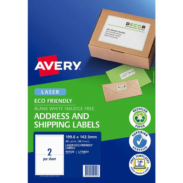 Avery Eco Friendly Address Labels 199.1x143.5mm 2up 20 Sheets - Nail Gallerys