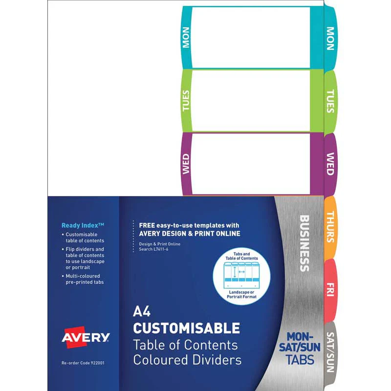 Avery Customisable Table Of Contents A4 Days Of Week 6 Tab Coloured - Nail Gallerys