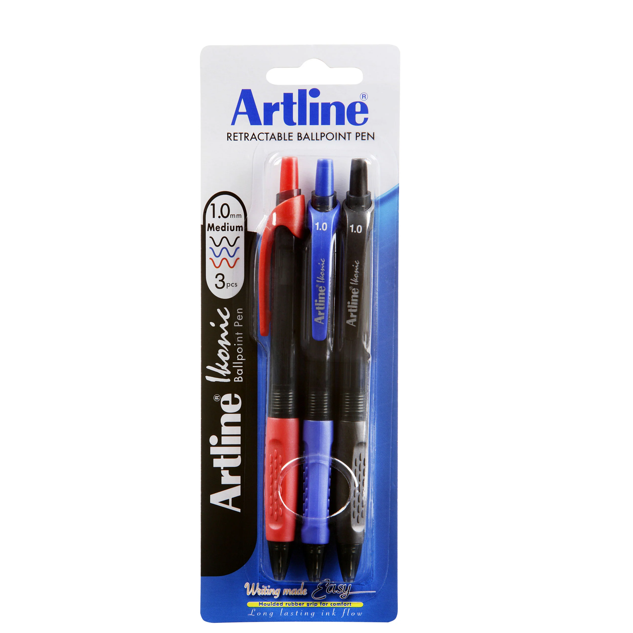 Artline Ikonic Ballpoint Pen Retractable Grip Medium Assorted - Pack Of 3 - Nail Gallerys