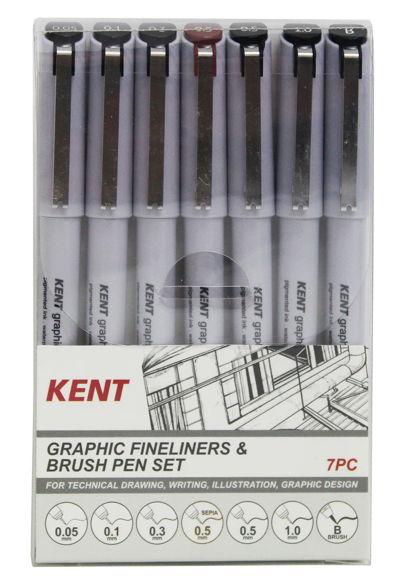 Kent Graphic Fineliner & Brush Pen Set Of 7 - Nail Gallerys