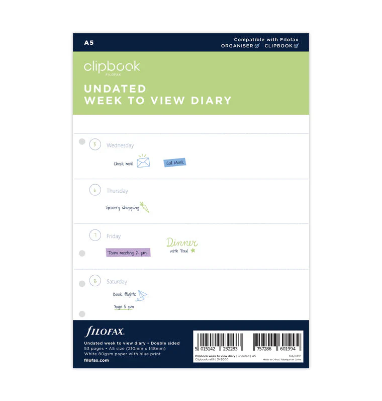 Filofax Clipbook A5 Week to View Refill - Nail Gallerys