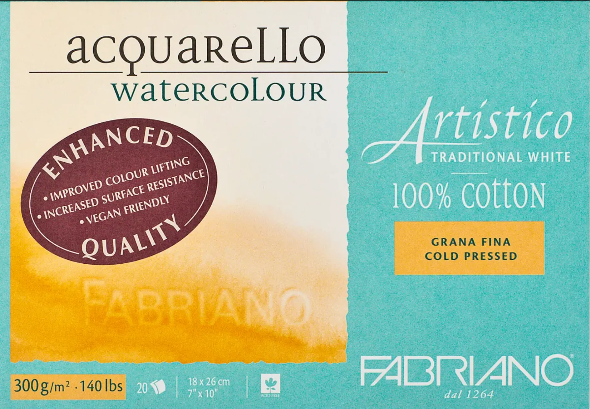 Fabriano Artistico Watercolour Enhanced 300gsm Cold Press Traditional White 20 Sheet Blocks - Nail Gallerys