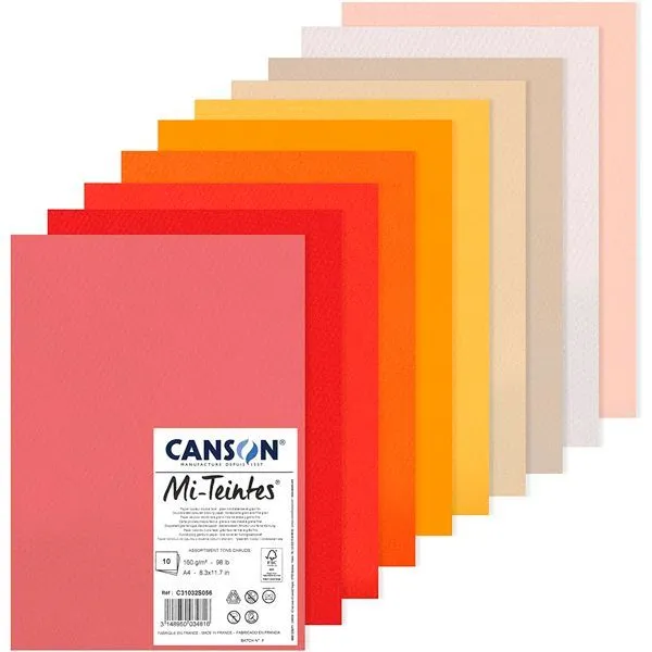 Canson Mi-Teintes Paper A4 160gsm Warm Colours Pack of 10 Sheets - Nail Gallerys