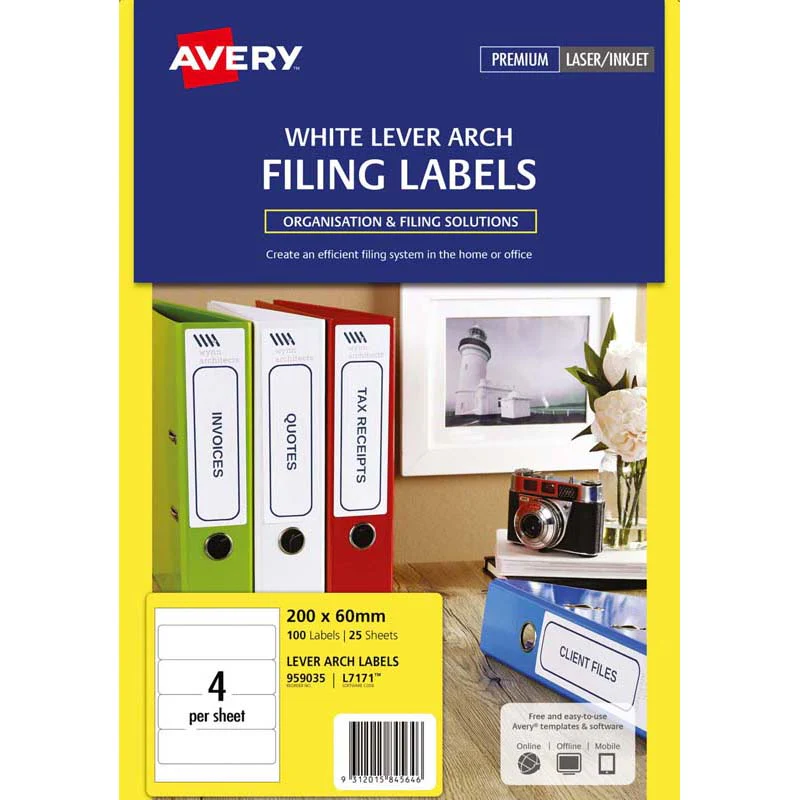 Avery Label L7171 25 Sheets Laser White Lever Arch Filing Labels 100 Size 200mm X 60mm - Nail Gallerys