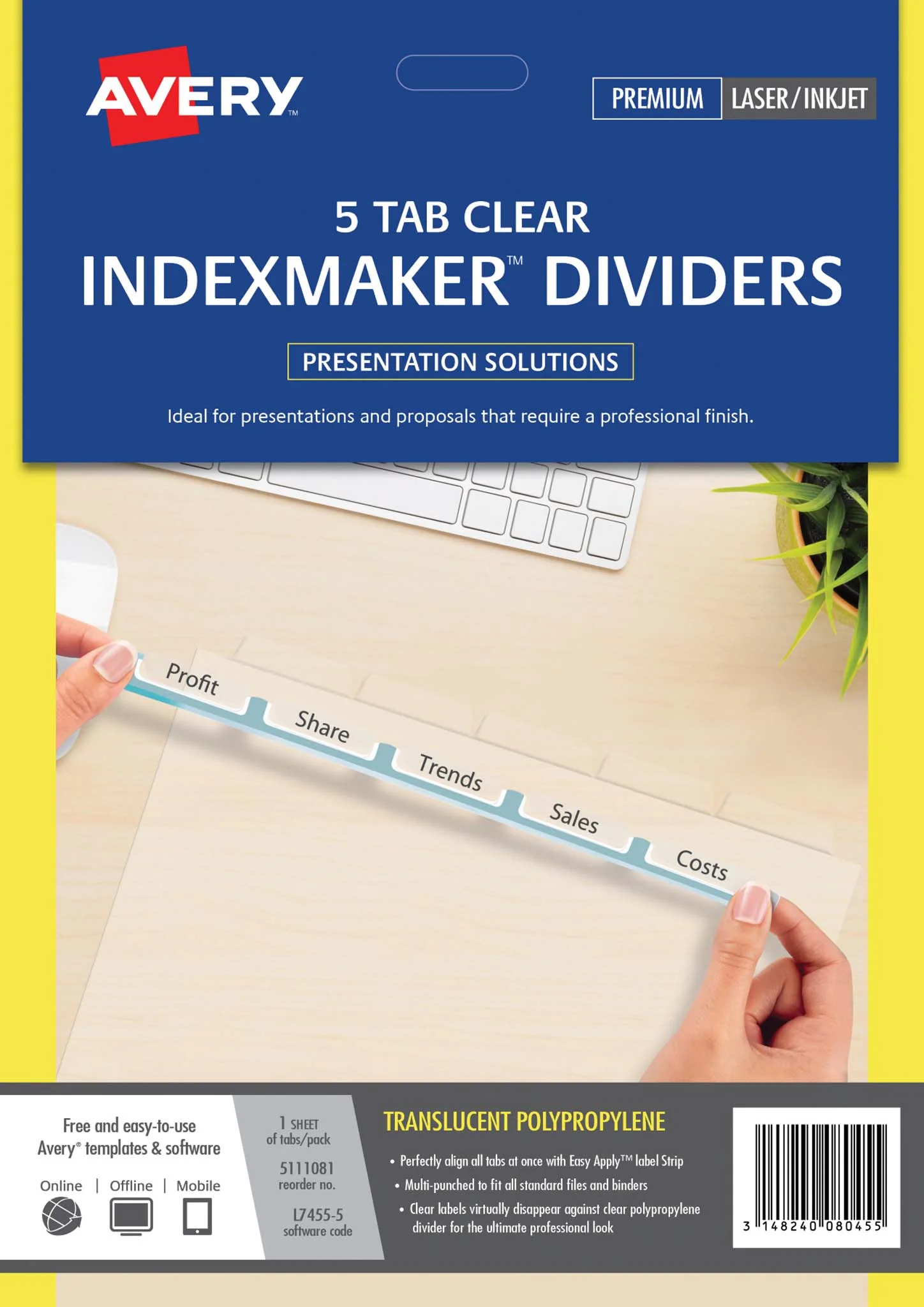 Avery Indexmaker A4 5 Tab Clear With Easy Apply Label L7455-5 - Nail Gallerys