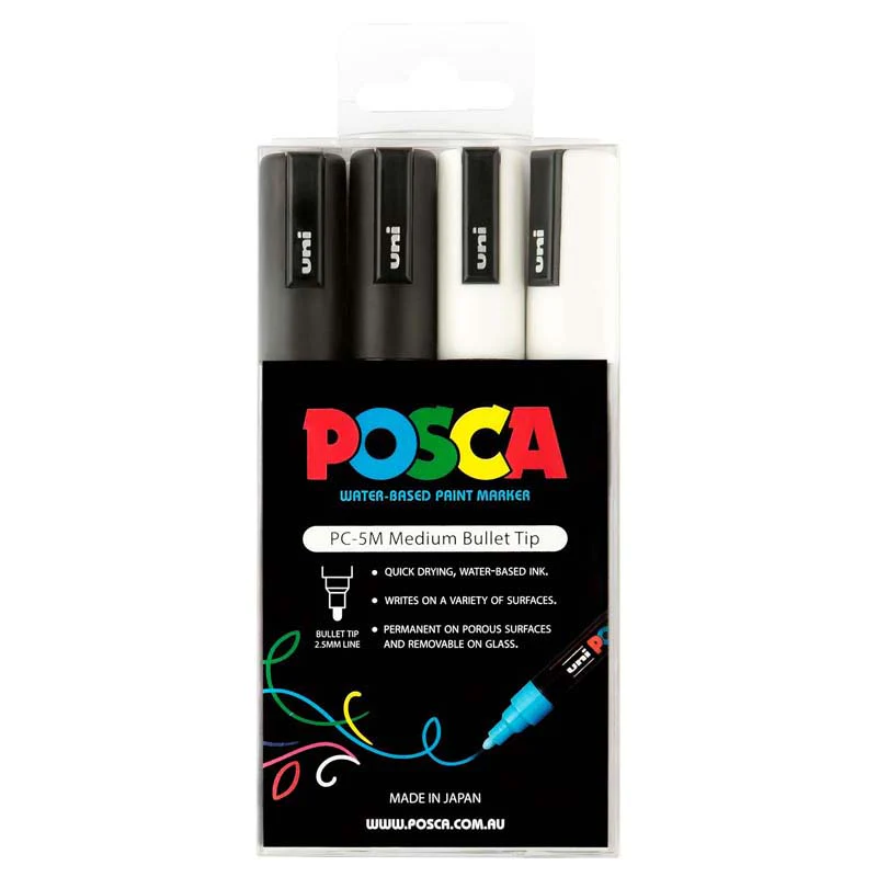 Uni Posca PC-5M 1.8-2.5mm Black/White Markers Set of 4 - Nail Gallerys