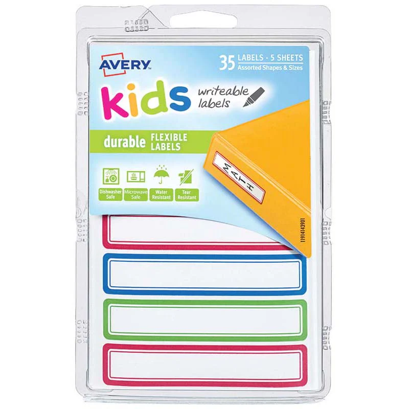 Avery Label Kids Durable Green Blue Red Border 89x16mm 7up 5 Sheets - Nail Gallerys