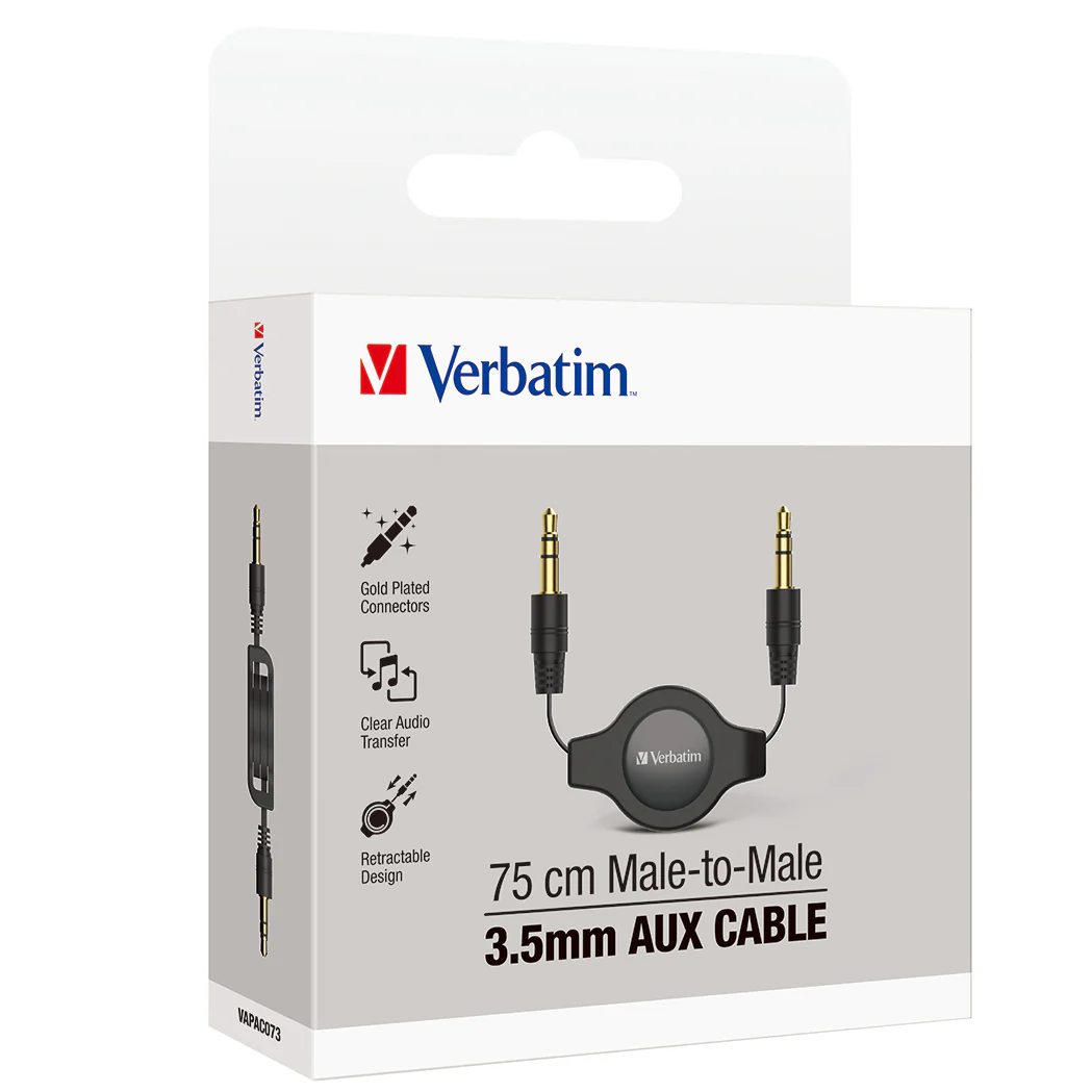 Verbatim Essentials Audio Cable 3.5mm Aux Retractable 75cm Black - Nail Gallerys