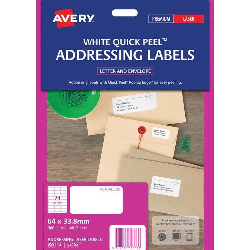 Avery Address Labels L7159 White 24up 40 Sheets Laser 64x33.8 Quick Peel Pop Up - Nail Gallerys