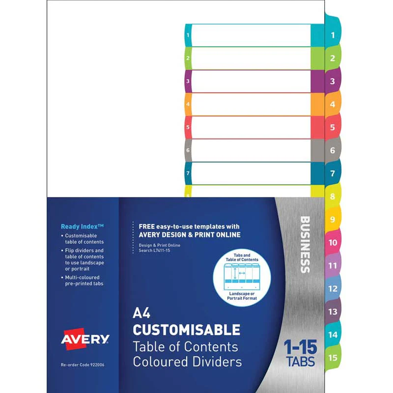 Avery Customisable Table Of Contents A4 1-15 Tabs Coloured - Nail Gallerys