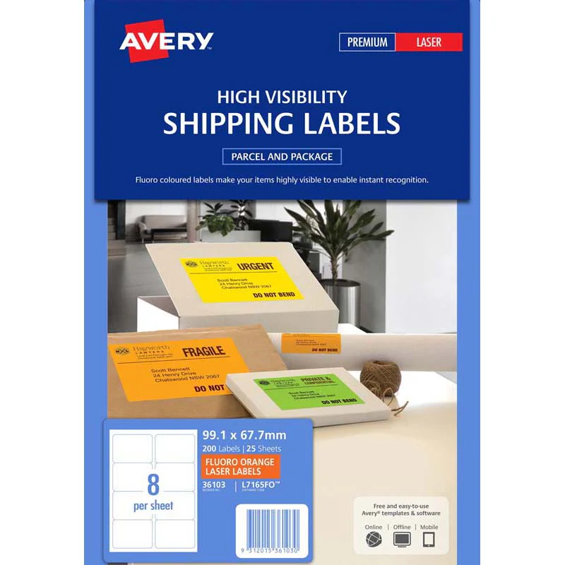 Avery Shipping Label Fluoro Orange 8 Up 25 Sheets 99.1x67.7mm - Nail Gallerys