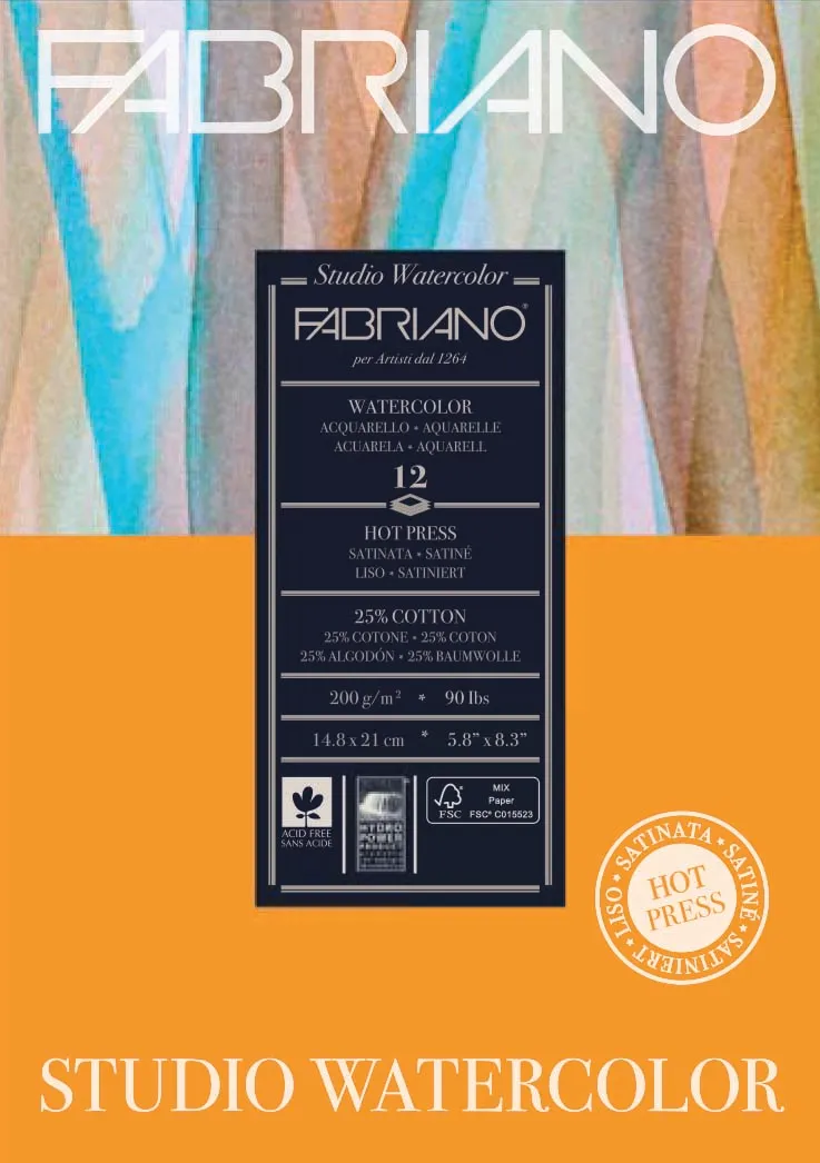 Fabriano Studio Watercolour 200gsm Hot Pressed 12 Sheet Pads - Nail Gallerys