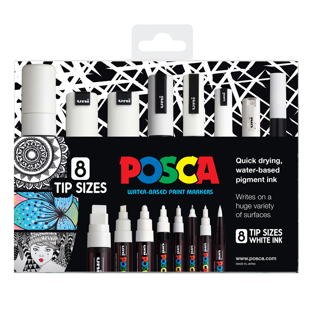 Uni Posca White Assorted Tips Markers Set of 8 - Nail Gallerys