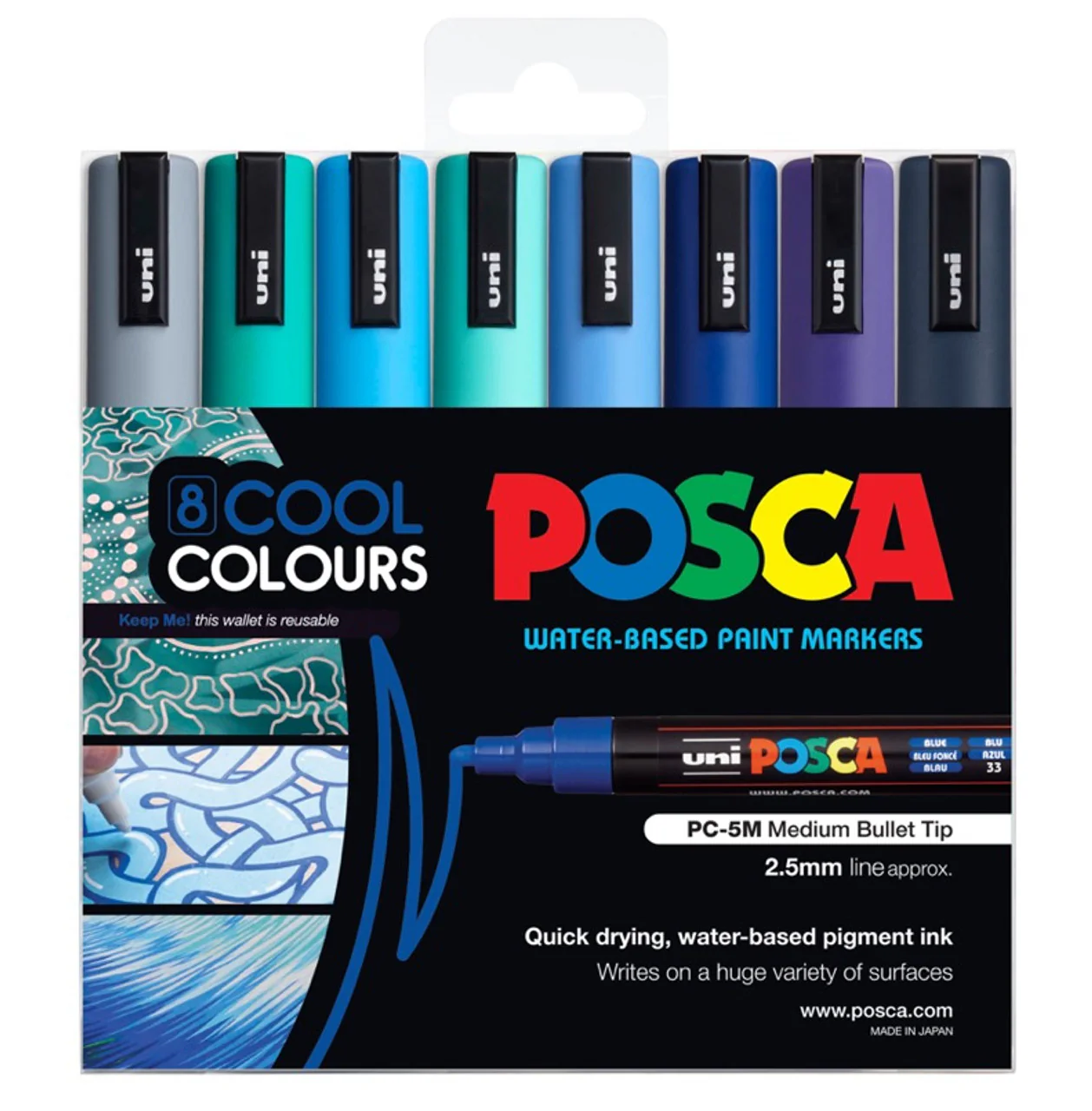 Uni Posca PC-5M 1.8-2.5mm Medium Bullet Cool Colour Markers Set of 8 - Nail Gallerys