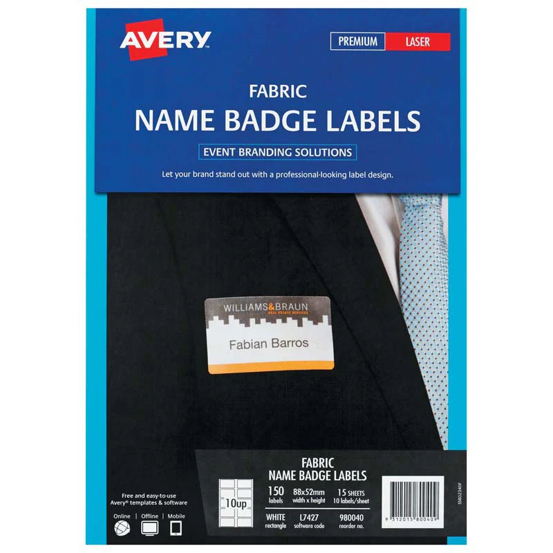 Avery Laser Name Badge L7427 Fabric 88x52mm 10up 15 Sheets - Nail Gallerys