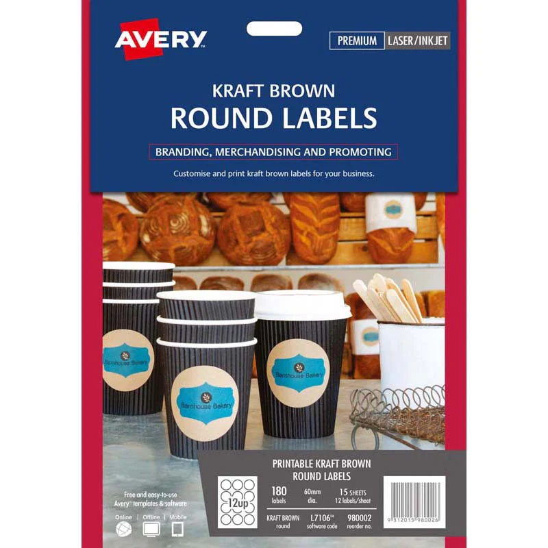Avery Label L7106 Round Kraft 60mm 12up 15 Sheets - Nail Gallerys