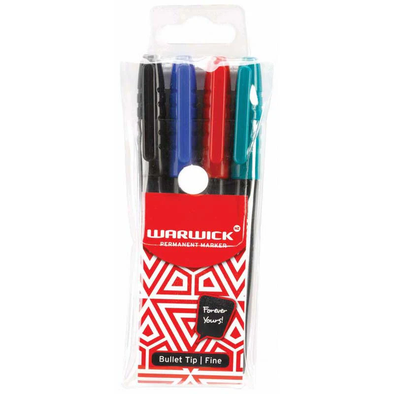Warwick Marker Fine Tip Permanent 4 Pack Assorted Colours - Nail Gallerys