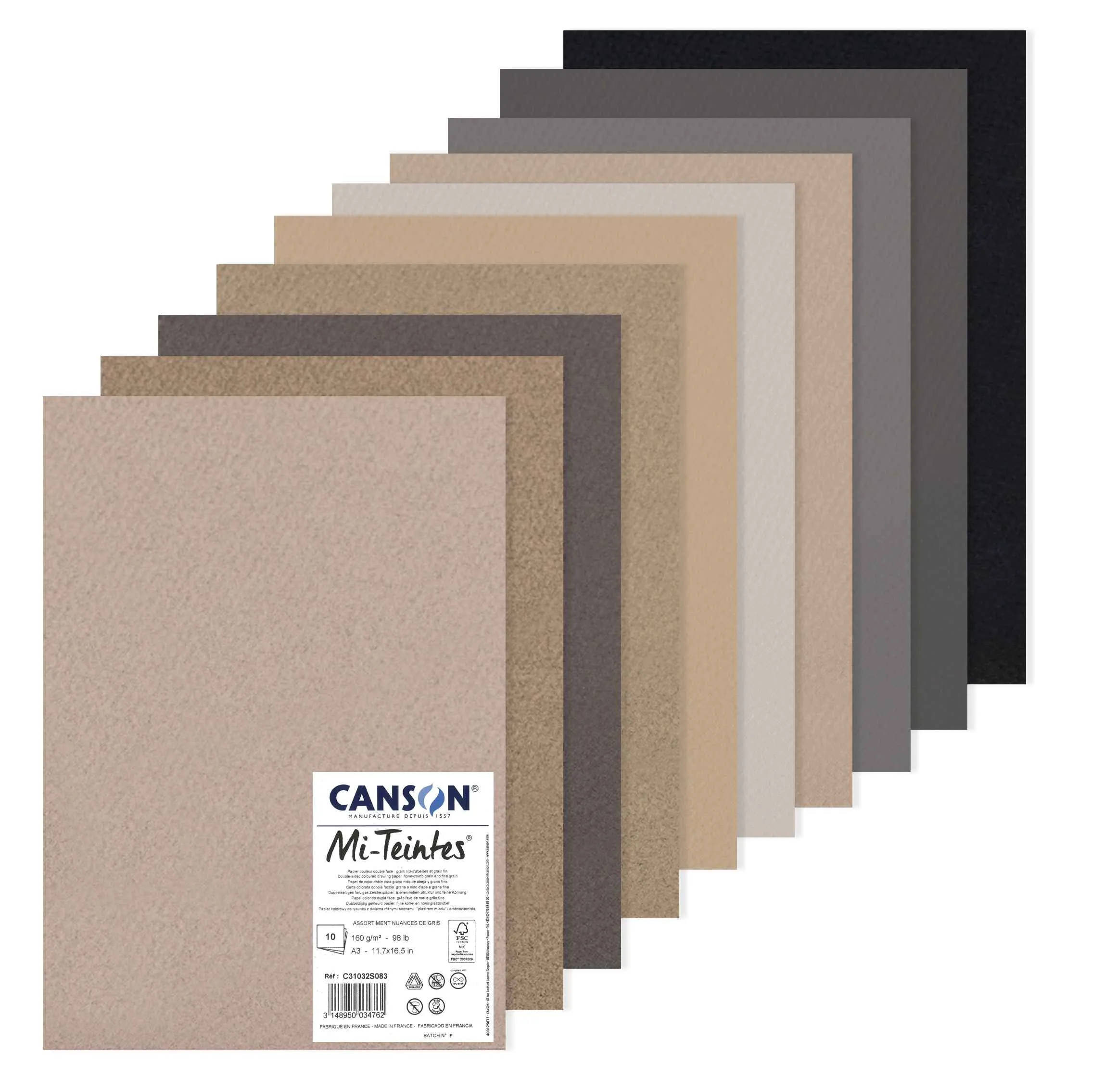 Canson Mi-Teintes Paper A3 160gsm Grey Colours Pack of 10 Sheets - Nail Gallerys