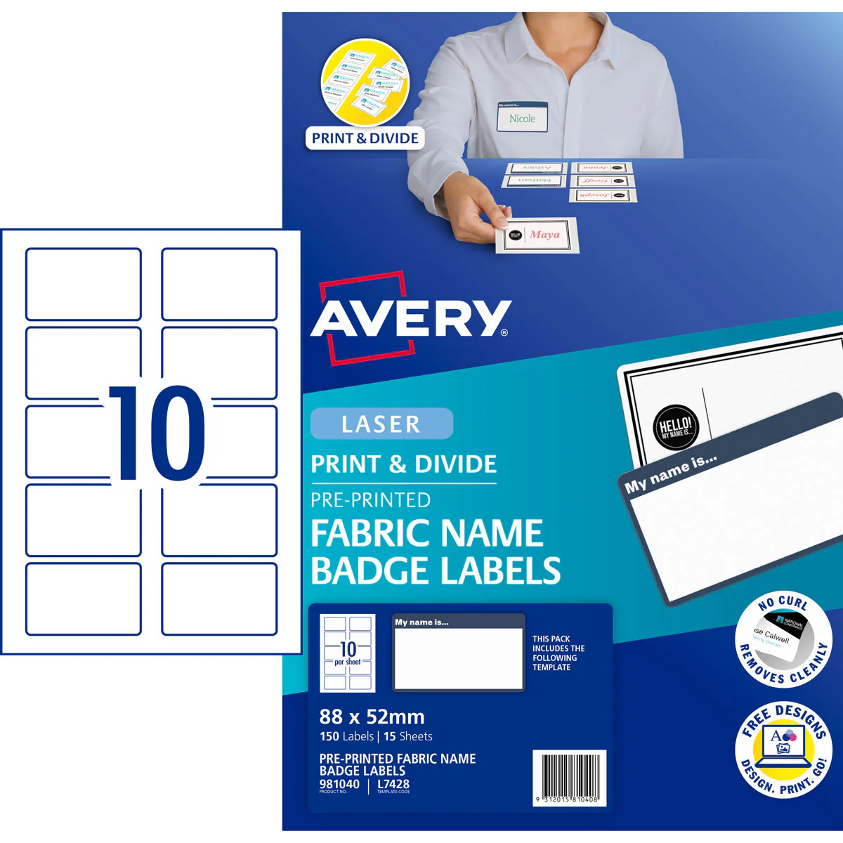 Avery 'My Name Is' Fabric Print & Divide Name Badges Laser 88x52mm 150 Labels L7428 - Nail Gallerys