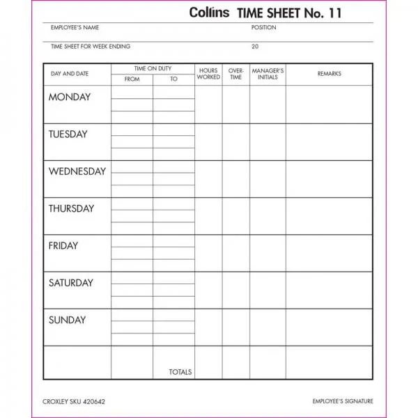 Collins Wage Time Sheets No.11 Size 187mm X 220mm 100 Leaf - Nail Gallerys