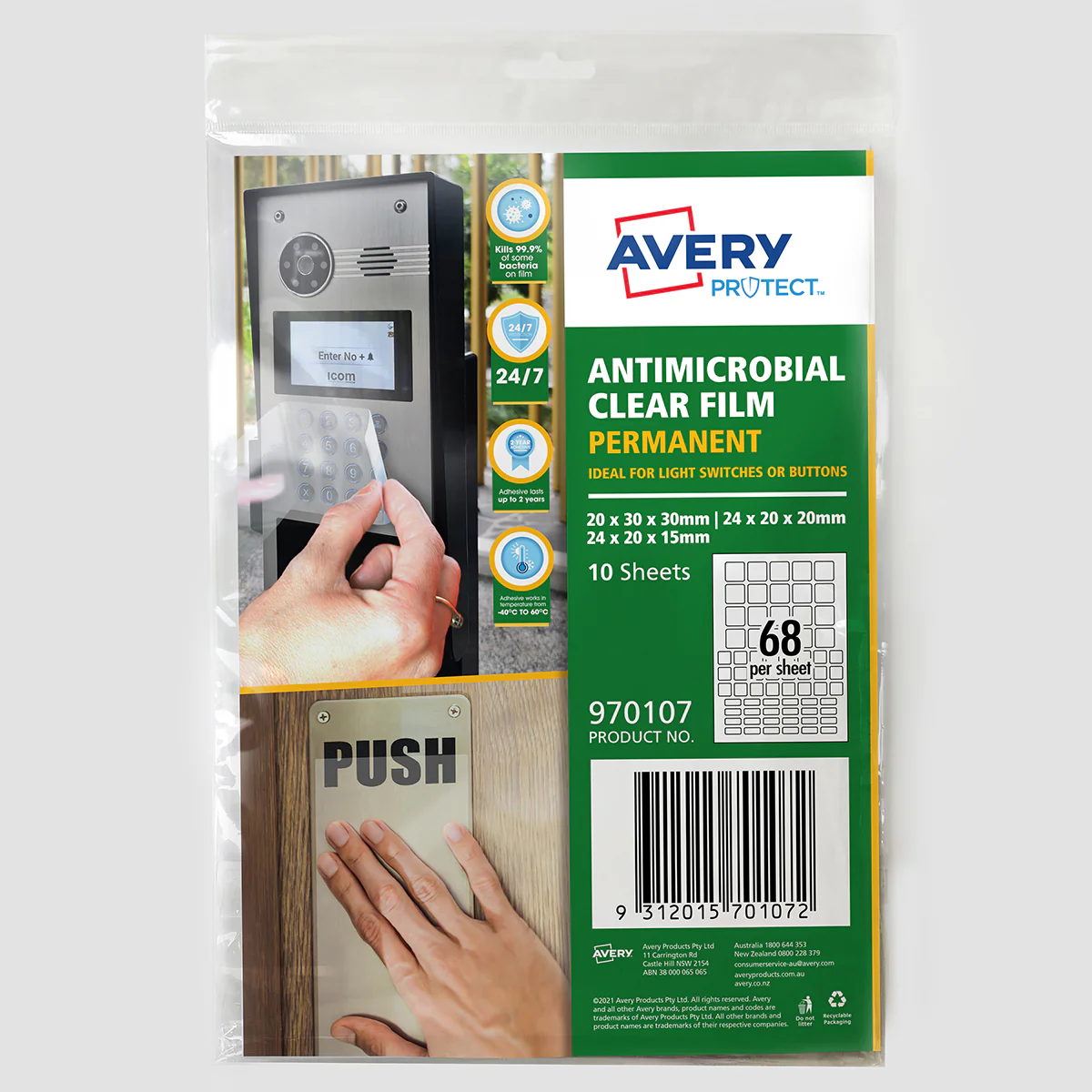 Avery Protect Anti-microbial Film Permanent Mixed Squares A4 68up 10 Sheets - Nail Gallerys