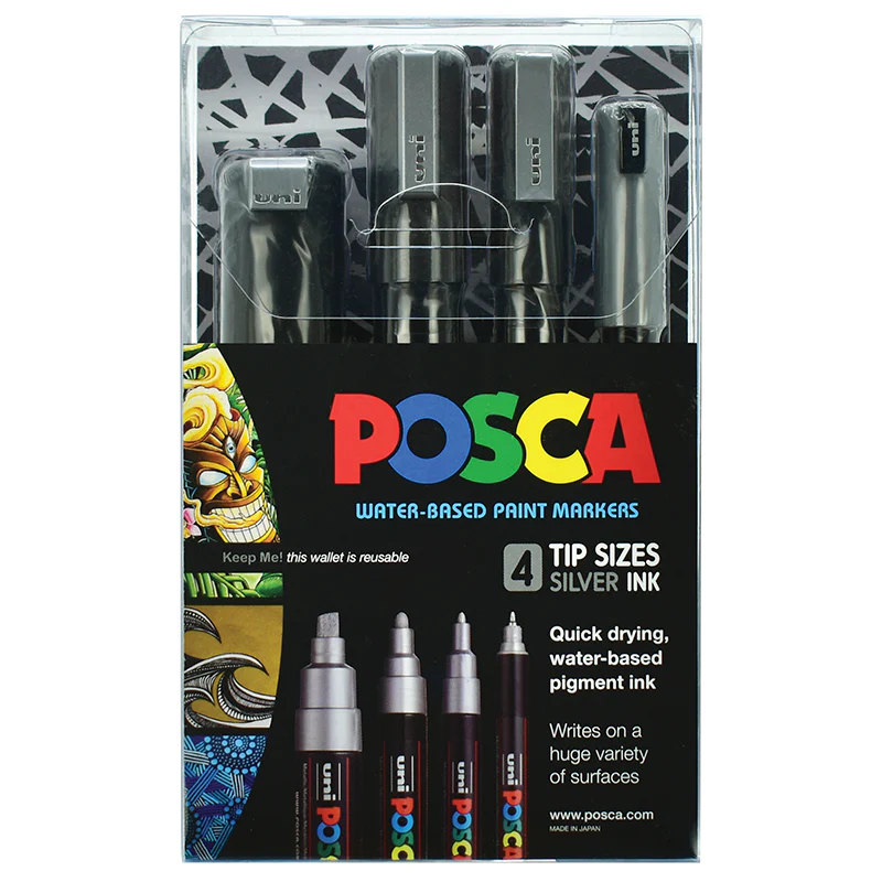 Uni Posca Silver Set Assorted Tips Markers Set Of 4 - Nail Gallerys