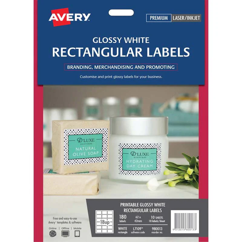 Avery Label L7109 Rectangular White Glossy 18up 10 Sheets - Nail Gallerys