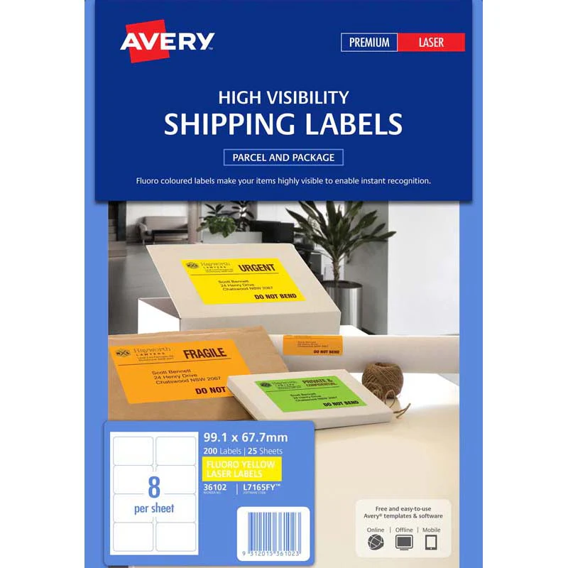 Avery Shipping Label Fluoro Yellow 8 Up 25 Sheets 99.1x67.7mm - Nail Gallerys