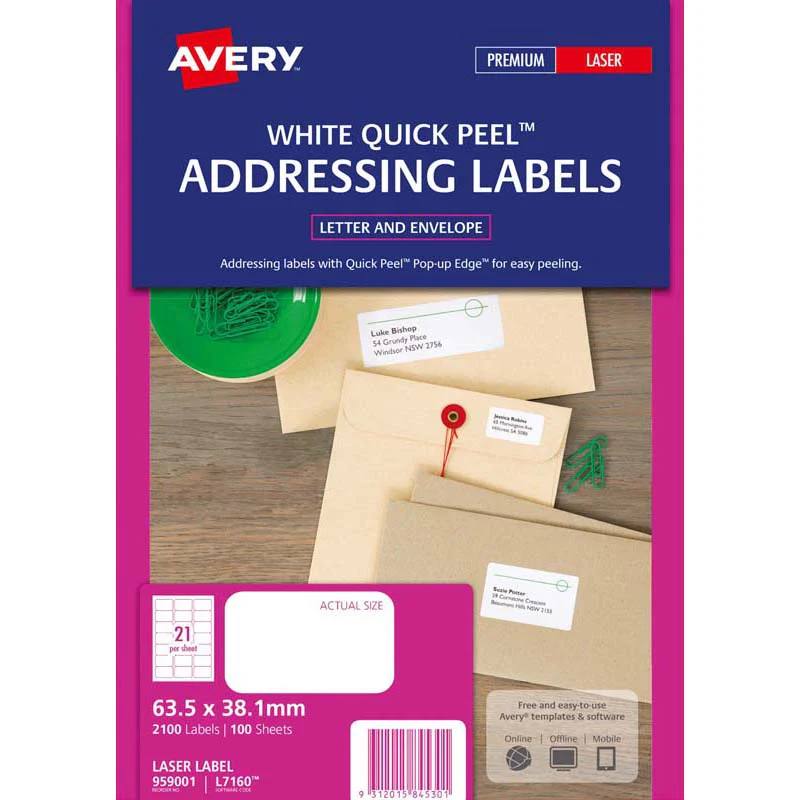 Avery Addressing Laser Labels L7160-100  Pop Up Quick Peel 63.5x38.1mm 100 Sheets - Nail Gallerys