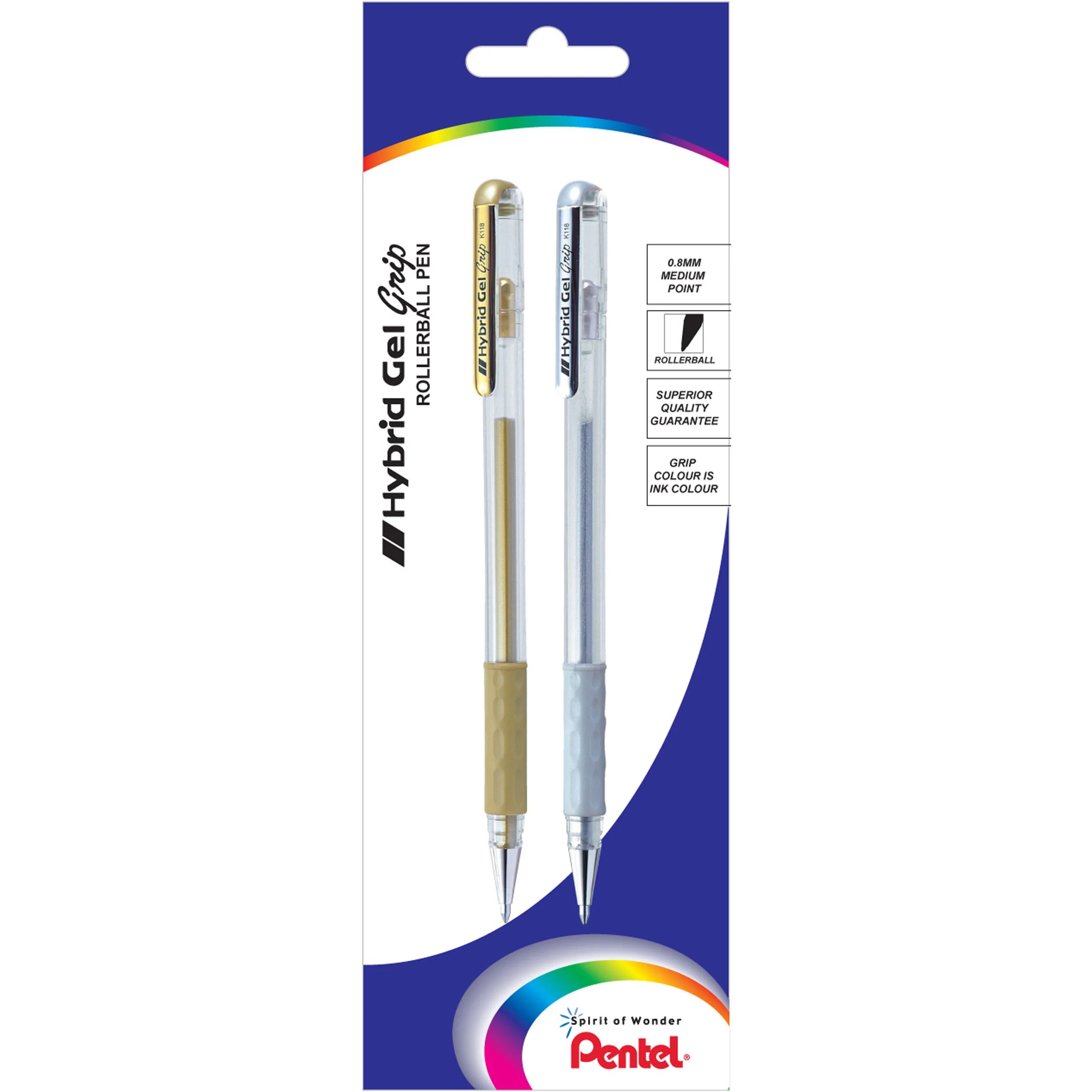 Pentel Hybrid Gel Grip Gell Roller Pen Stick K118 0.8mm Metallic Gold Silver - Nail Gallerys