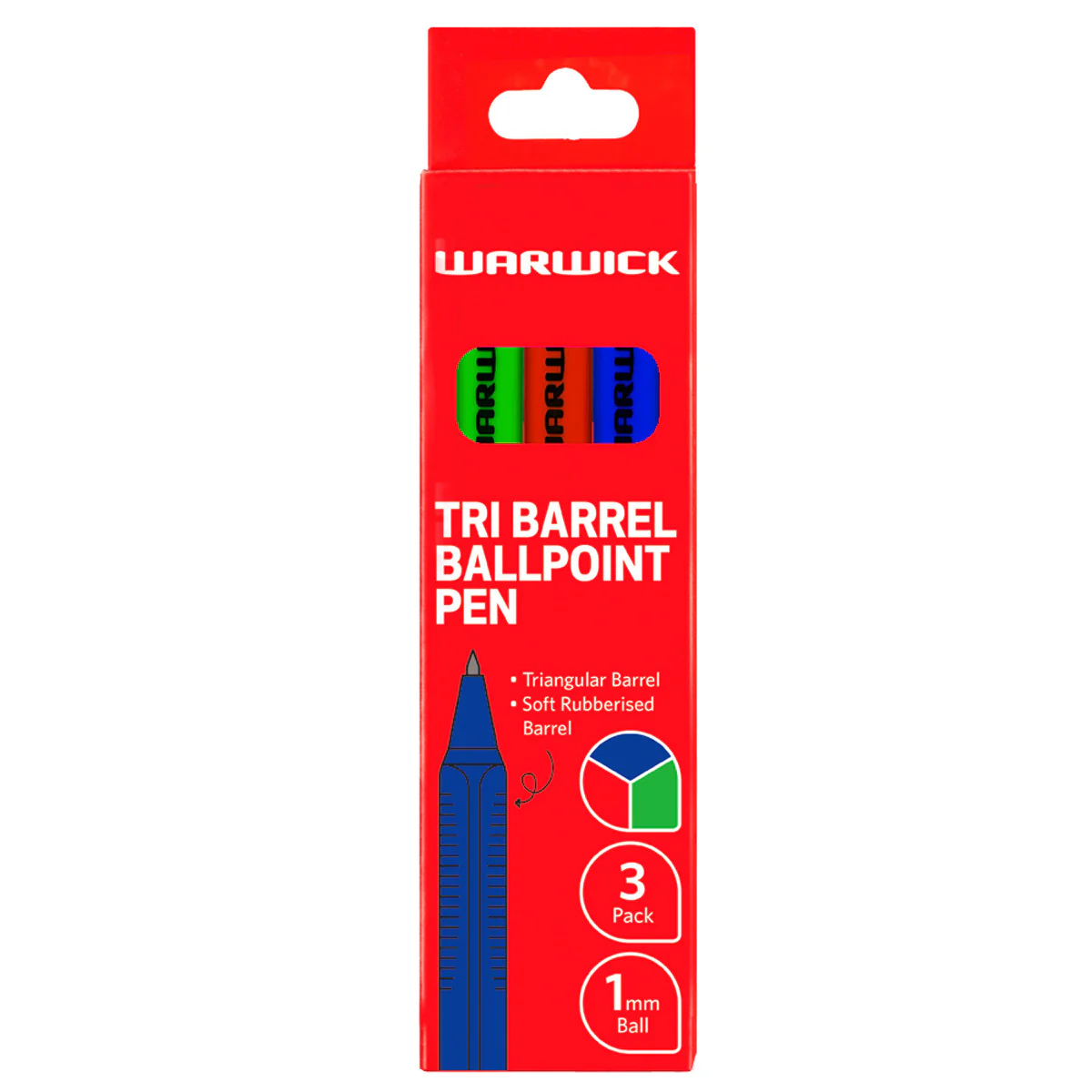 Warwick Tri Barrel 1.0mm Medium Blue Red Green Ballpoint Pens Pack of 3 - Nail Gallerys