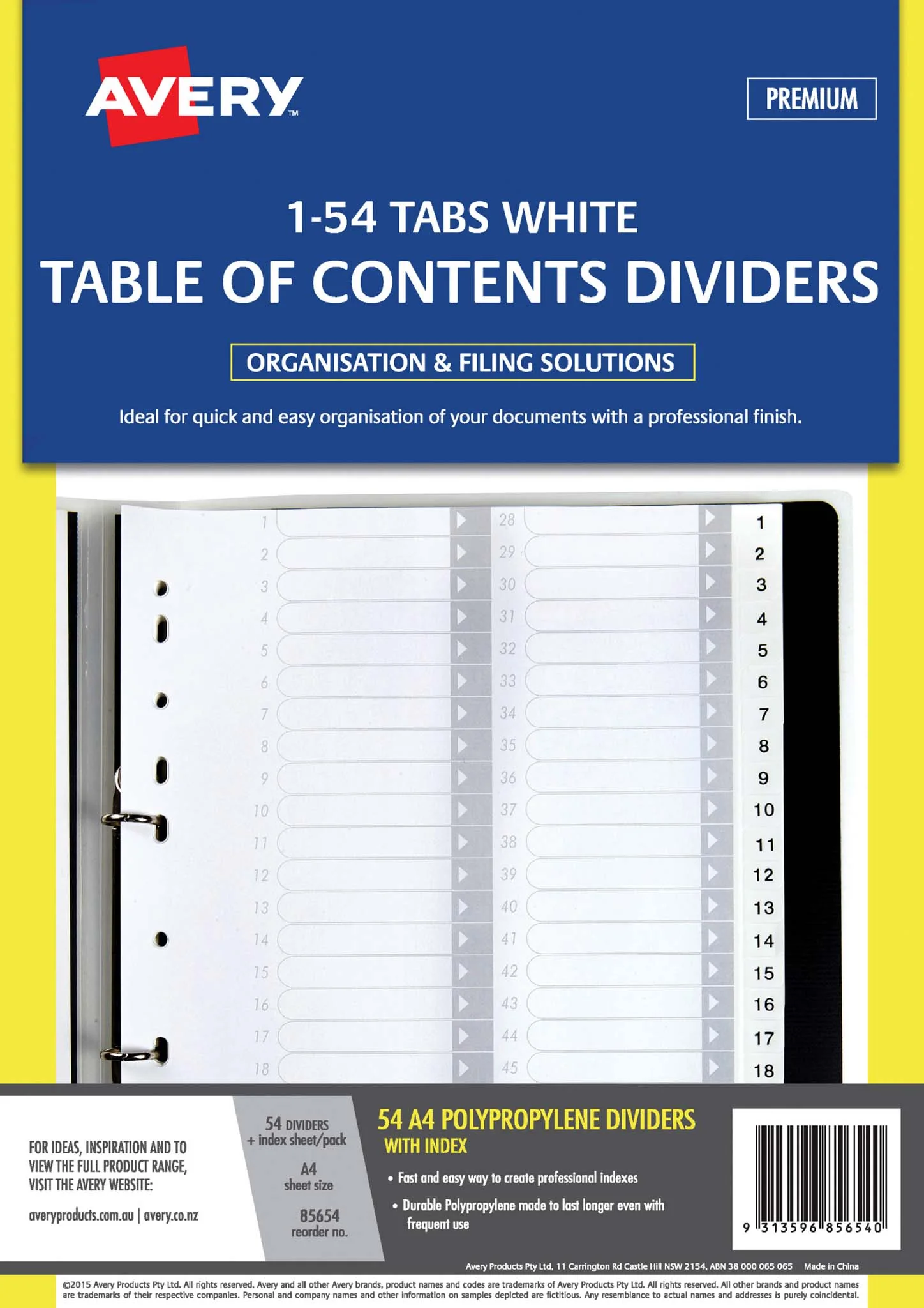 Avery Dividers A4 1-54 Tab White Polypropylene - Nail Gallerys