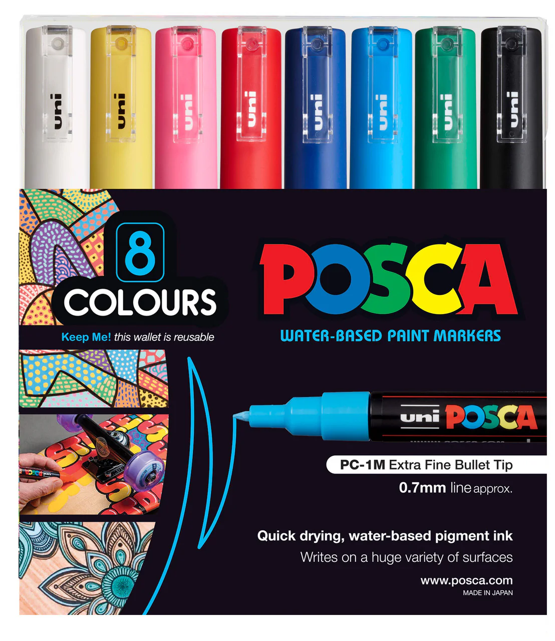 Uni Posca PC-1M 0.7mm Ultra-Fine Round Tip Assorted Markers Set of 8 - Nail Gallerys