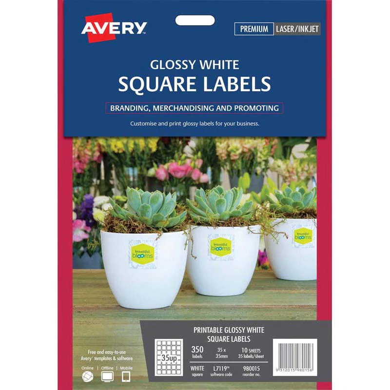 Avery Label L7119 Square White Glossy 35up 10 Sheets - Nail Gallerys