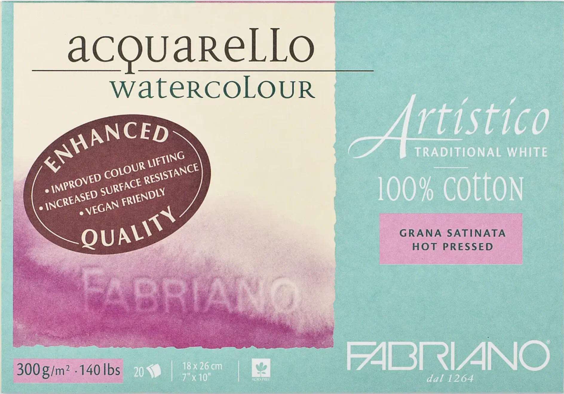 Fabriano Artistico Watercolour Enhanced 300gsm Hot Press Traditional White 20 Sheet Blocks - Nail Gallerys
