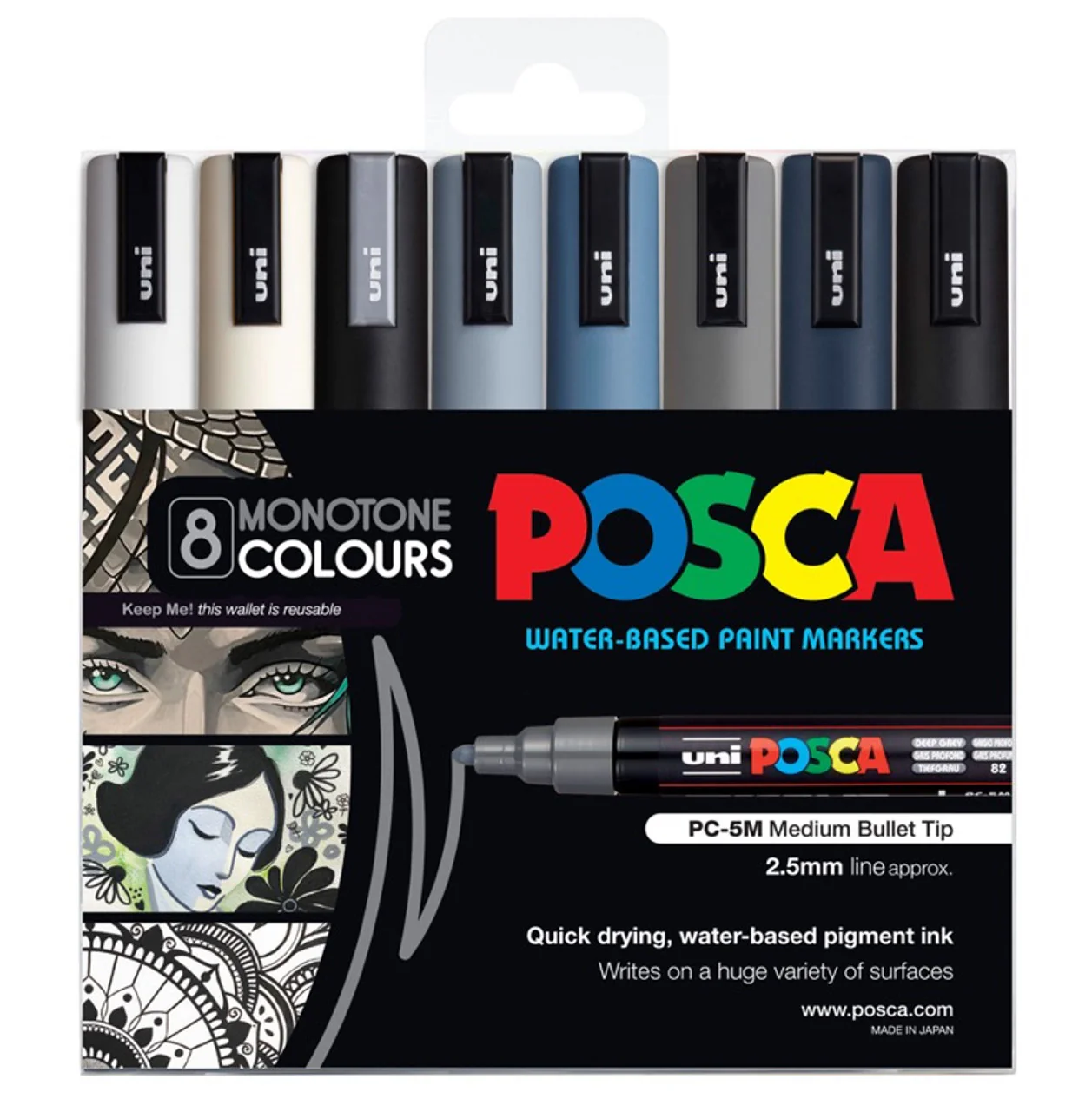Uni Posca PC-5M 1.8-2.5mm Med Bullet Monotone Colour Markers Set of 8 - Nail Gallerys