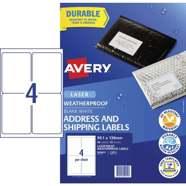 Avery L7071 Weatherproof Label - 4up 99.1x139mm 10 Sheets - Nail Gallerys