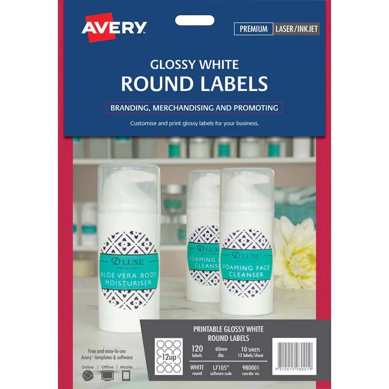 Avery Label L7105 Round White Glossy 60mm 12up 10 Sheets - Nail Gallerys
