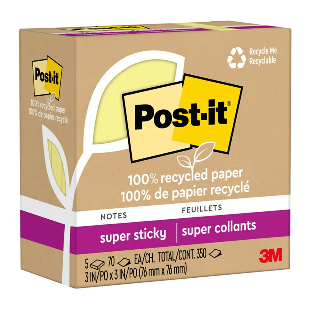 Post-it 100 Recycled 76x76mm Yellow Super Sticky Notes Pack of 5 - Nail Gallerys